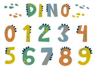 Cartoon comic Dino numbers alphabet on a white background in fun childish style. Bright modern digits illustration for kids, nursery, poster, card, birthday party, packaging paper design, baby t