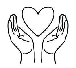 Doodle Hands Holding Heart icon. Black and white symbol with frame. Line art style graphic design element. Png clipart isolated on transparent background
