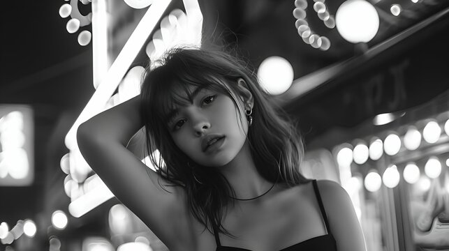 a young girl posing in the night lights, black and white