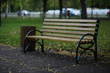 Autumnal park with bench. Falling leaves. Focus on bench