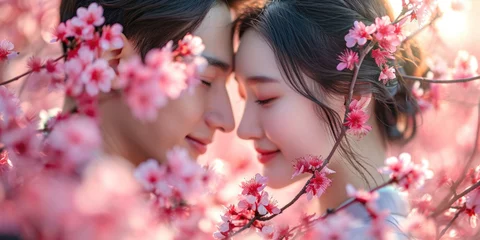 Foto op Canvas Asiatisches Paar in Kirschblüten © Fatih