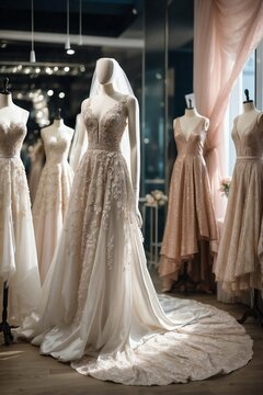 Row of wedding dresses on mannequins