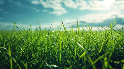Obraz premium Background of lush green grass and vibrant blue clouds, providing ample space for text. 