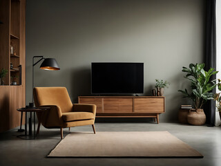 Cabinet for TV wall mounted with an armchair in the living room design with a concrete wall.