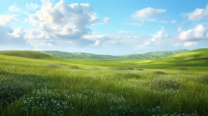A background of green grass and blue clouds with ample copy space for text