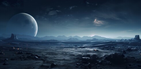 far alien planet with mountain landscape and moons with stars and nebulas in sky, distant fantasy world in open space, colorful illustration 