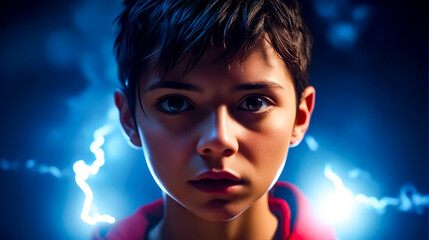 Close up of child in red shirt with light shining on his face.