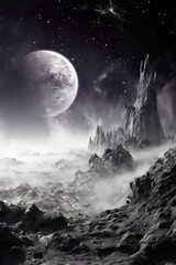 Naklejka na ściany i meble far alien planet with mountain landscape and moons with stars and nebulas in sky, distant fantasy world in open space, colorful illustration 