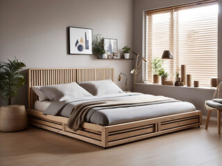 Comfortable bed with storage space for bedding under a slatted base in stylish room design. - obrazy, fototapety, plakaty
