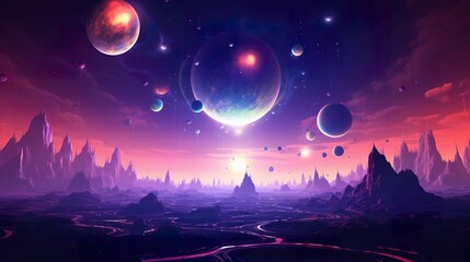 Fototapeta na wymiar far alien planet with mountain landscape and moons with stars and nebulas in sky, distant fantasy world in open space, colorful illustration 