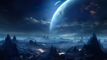 far alien planet with mountain landscape and moons with stars and nebulas in sky, distant fantasy world in open space, colorful illustration 