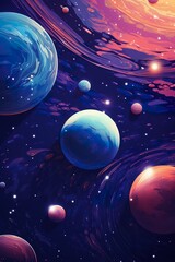 colorful illustration of cosmos with planets, stars and nebulas, in style of purple and blue, cartoon astronomy concept, swirl patterns