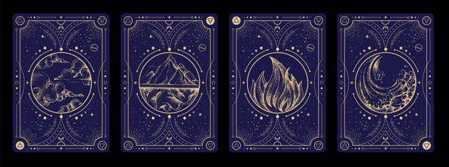 Set of Modern magic witchcraft cards with solar system and four elements. Hand drawing occult vector illustration of water, earth, fire, air elements.
