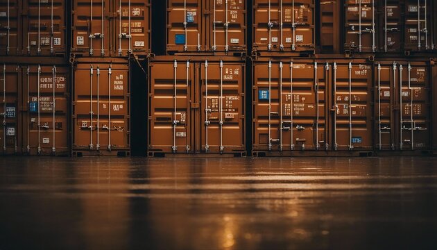 stacked freight shipping containers in night port, cargo terminal, shipping terminal