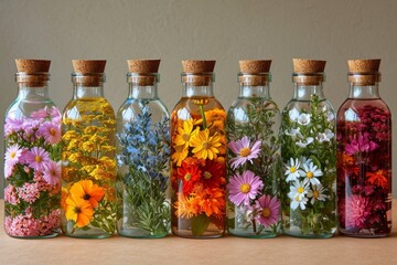 Eclectic Flowers in Vintage Glass Bottles.
A diverse mix of wildflowers placed in vintage glass bottles on a wooden surface. - obrazy, fototapety, plakaty