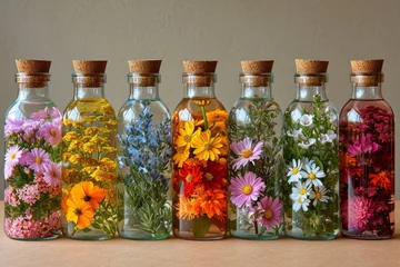Fototapeten Eclectic Flowers in Vintage Glass Bottles. A diverse mix of wildflowers placed in vintage glass bottles on a wooden surface. © AI Visual Vault