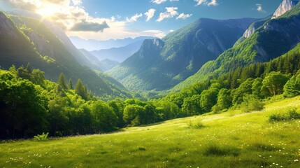 Obraz premium Scenic valley background with ample copy space for text, showcasing a beautiful landscape with mountains, a blue sky, and a vast expanse of grass. 