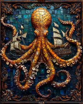 Kraken attackiert ein Schiff - Oktopus Mosaik Wallpaper - Tintenfisch Illustration - Ai-Ki generiert