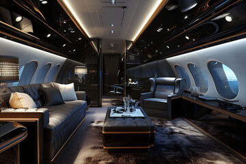 A sophisticated private jet interior boasts cream leather seats and sleek dark accents, reflecting an elite travel experience suitable for high-end brochures and luxury travel content