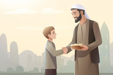 Young muslim boy giving food to a person in need. Giving Zakat, Donation, Charity concept. Generative AI