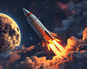 Rakete fliegt duch das Weltall - Raketen im Universum - Raumfahrtmission Wallpaper - Raketenillustration - Ki-Ai generiert