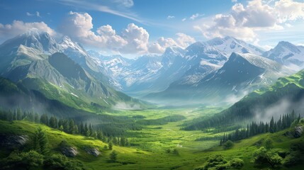 Valley background with copy space for text, featuring a beautiful landscape with mountains, a blue sky, and a wide expanse of grass in the backdrop