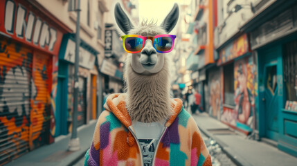 Hipster Llama in Colorful Outfit and Sunglasses in City