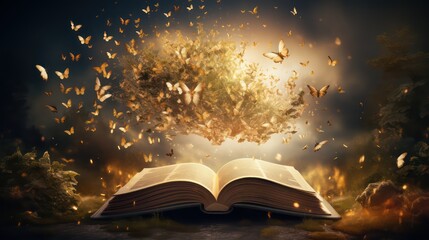 Open book with autumn tree on the pages and flying butterflies on the background