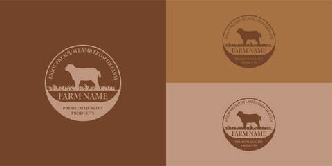 The sheep farm logo in circle stamp ornament applied to the sheep farming business is presented with multiple background colors. The logo is also suitable for Farm animal logo inspiration logo design