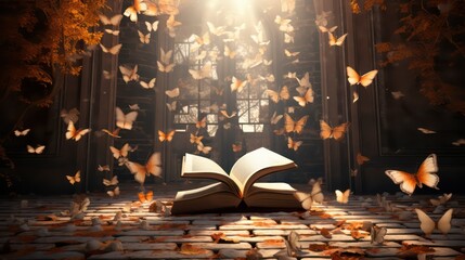 Open book with flying butterflies on the background of the window in the dark