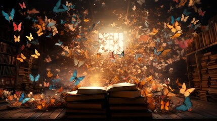 Open book with flying paper butterflies on wooden table. Magic concept