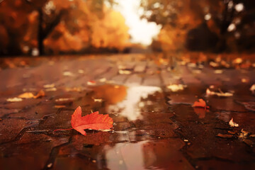 Lively closeup of falling autumn leaves with vibrant backlight from the setting sun
