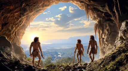 cavemen coming out of a large cave on a beautiful sunset in high resolution hd - obrazy, fototapety, plakaty