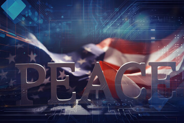 Double exposure Peace Word and abstract technology background. International conflict, American hegemony, War. - obrazy, fototapety, plakaty