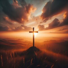 A Christian cross, in an open field, in the sunset light. - obrazy, fototapety, plakaty