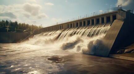 The grandeur of a hydroelectric dam in full flow, a testament to modern engineering and renewable energy.