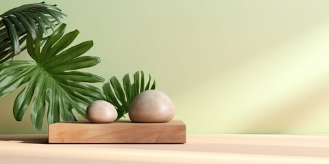 Small wooden podium with green foliage, stones, and palm leaf shadows on pastel backdrop.