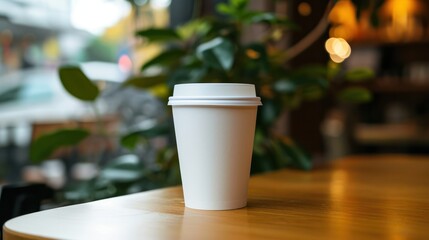 Generative AI, White paper cup on the table in the coffee shop interior, mug mock up blank.	
