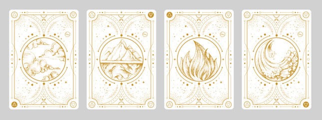 Set of Modern magic witchcraft cards with solar system and four elements. Hand drawing occult vector illustration of water, earth, fire, air elements. © annbozhko
