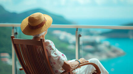 Senior retired woman smiling relaxing in chair on balcony, vacation retirement concept