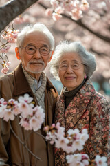 Paar Senioren in Kirschblüte