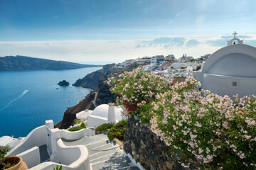 View from Oia towards the island of Thirasia, an island in the volcanic island group of Santorini in the Greek Cyclades, Greece