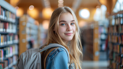 Portrait of a Positive High School Student in Campus Library - Smiling Cute Pretty Blond Girl