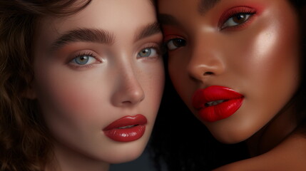 Young and fresh woman models. Intricate details of makeup, essence of modern beauty trends. skin texture, vibrant colors, and flawless application