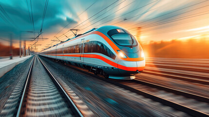 Naklejka premium The high-speed train is driving at full speed in the countryside. AI-generated image 