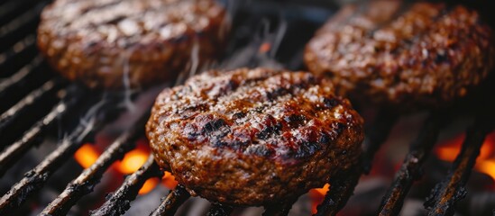 Close-up view of grilled homemade beef hamburger patties cooking on charcoal barbecue grates at a backyard cookout. - obrazy, fototapety, plakaty