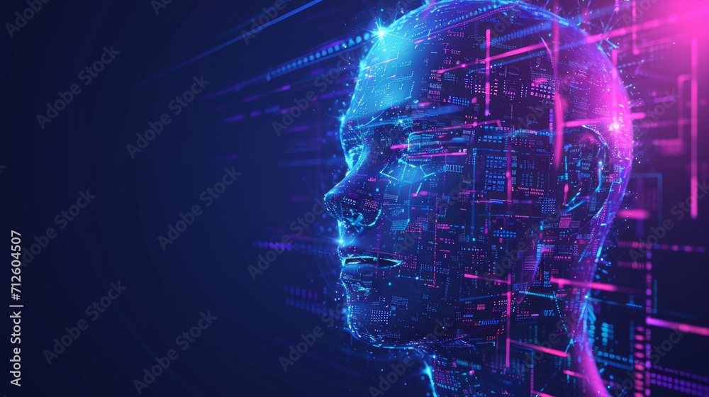Poster side profile of a futuristic artificial intelligence computer head with glowing lines and data