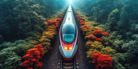 The high-speed train is driving at full speed thru the forest. AI-generated image	 - obrazy, fototapety, plakaty