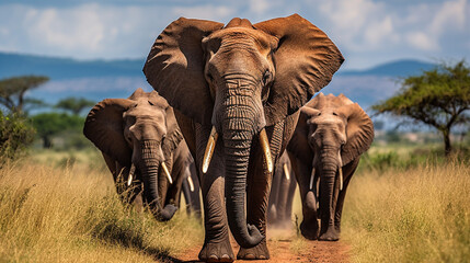 Group of African elephants in the wild stock photo African Elephants , Generate AI - obrazy, fototapety, plakaty