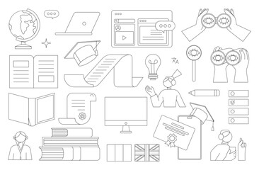 Educational and Self-Development Concept Illustrations. Different people involved in education process, learning languages. Concept for trainings, seminars, back to school, online courses. Lineart